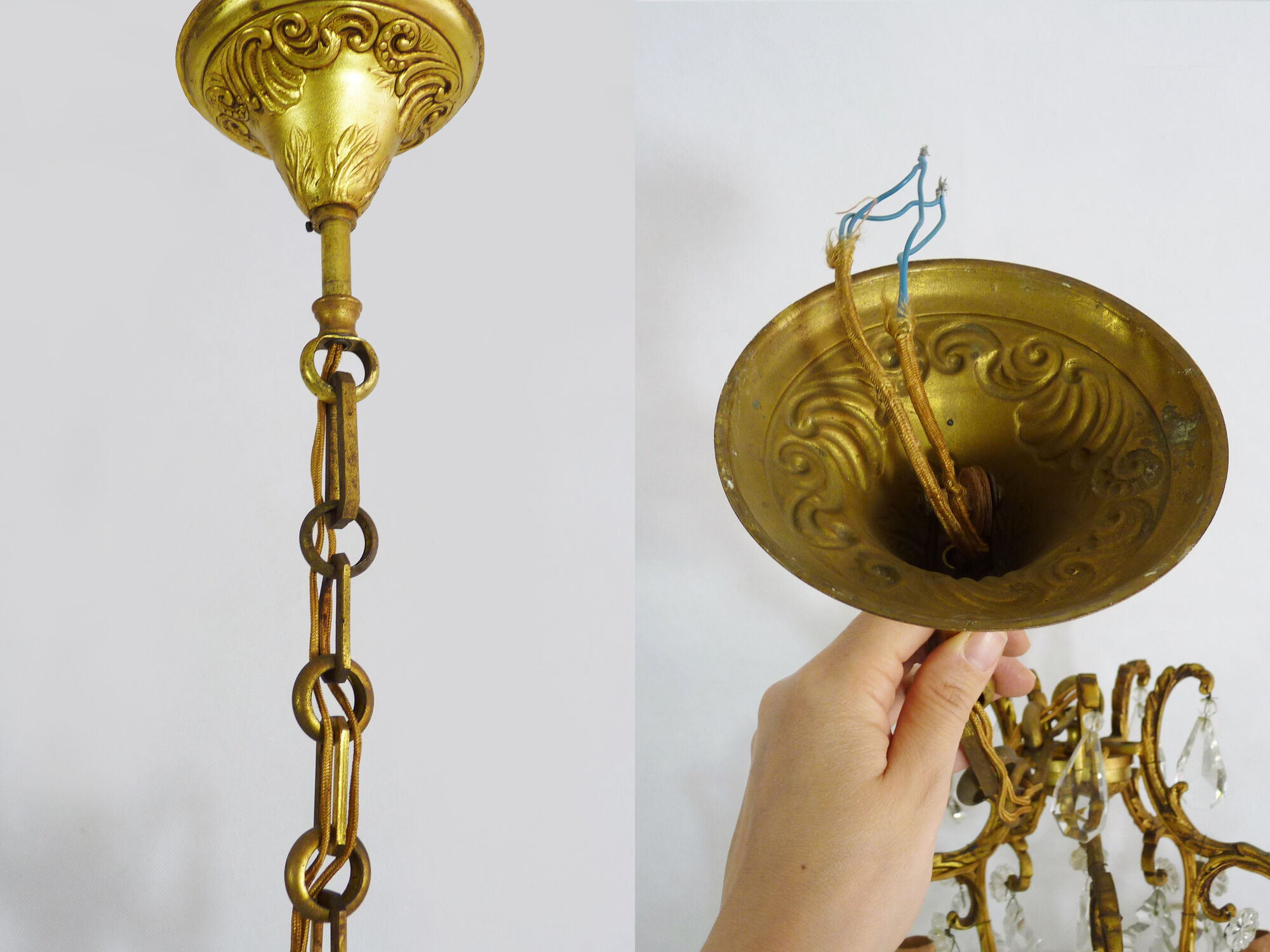 Bronze cage chandelier and glass stamps, at 5 lights. Year 50 60
