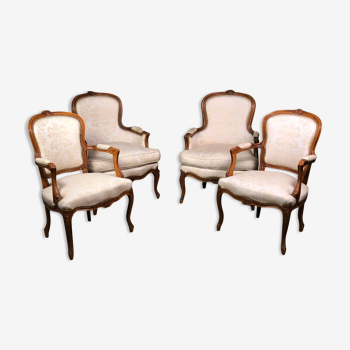 Armchairs Louis XV style carved walnut and fabric
