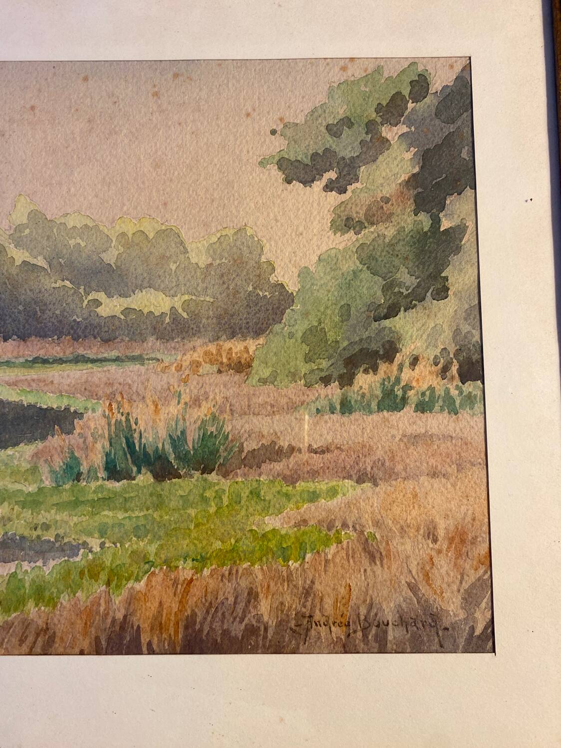 Old painting, landscape signed Andrée Bouchard 20th century