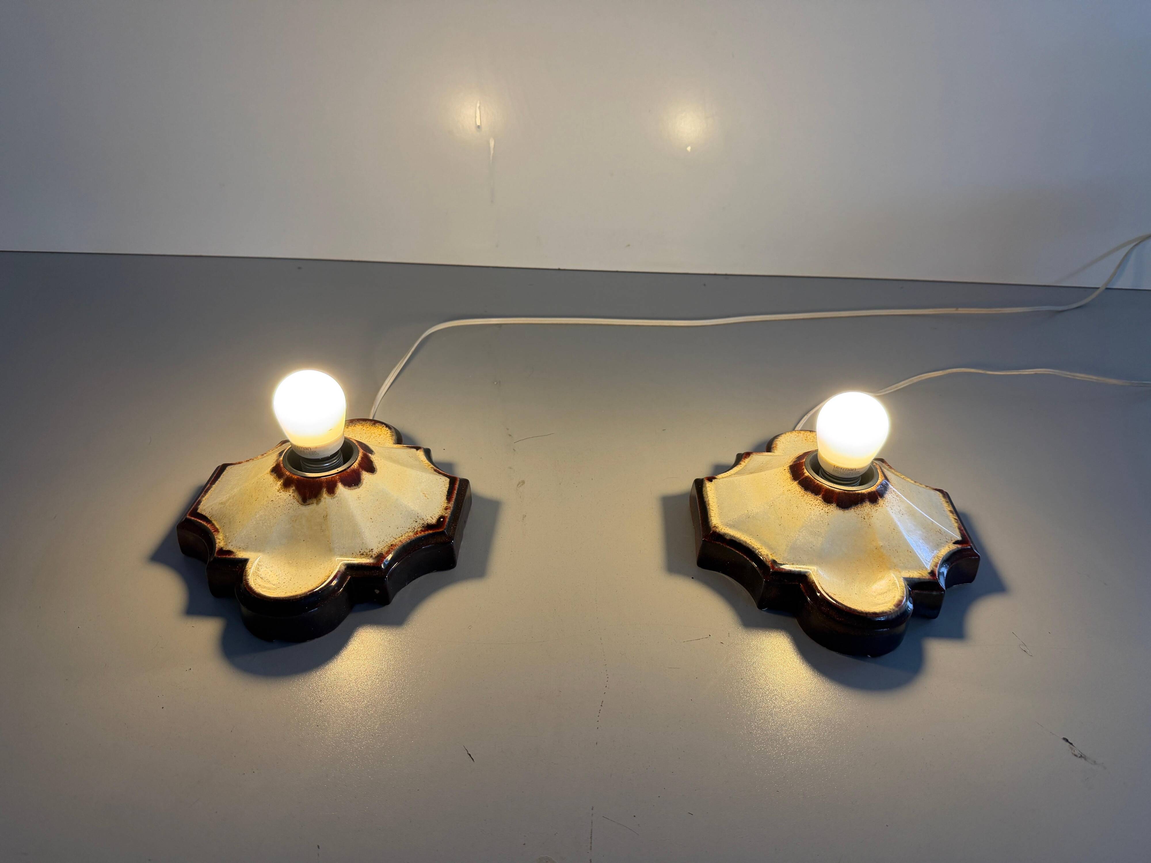 Pair of brown and cream ceramic wall lights by PAN Leuchten, 1970 Germany