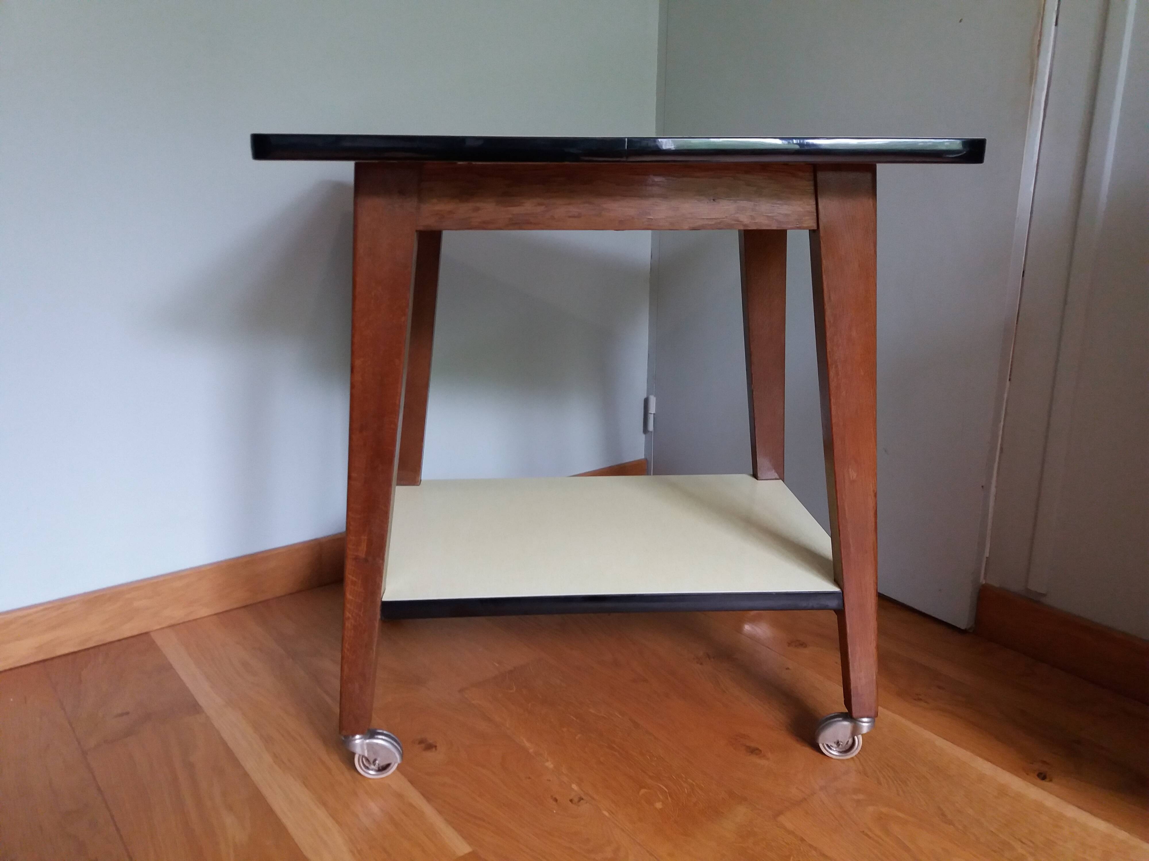 Formica and wood dessert table on wheels
