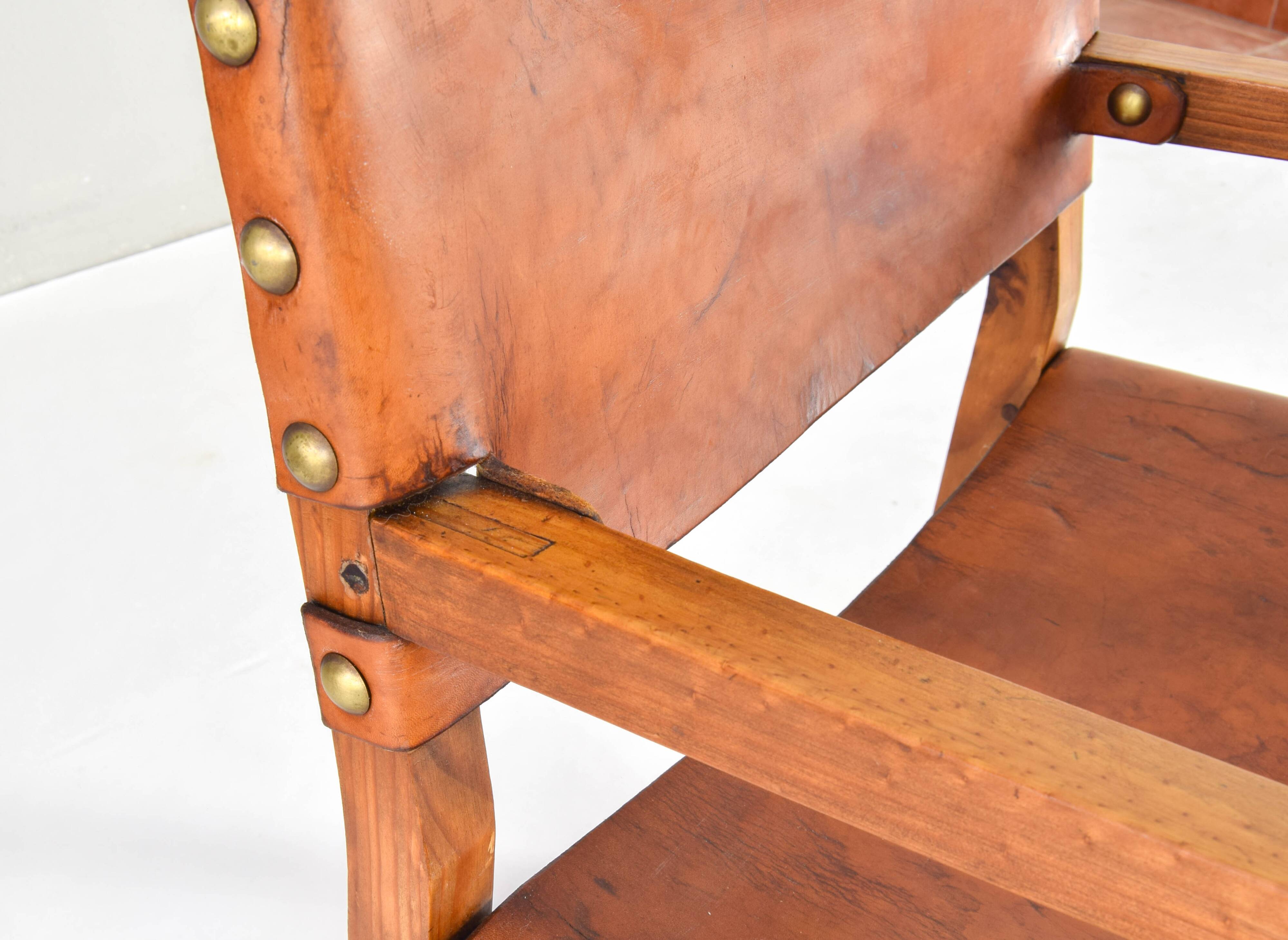 19th century oak and cognac leather brutalist castellana spanish armchair