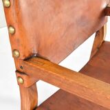 19th century oak and cognac leather brutalist castellana spanish armchair