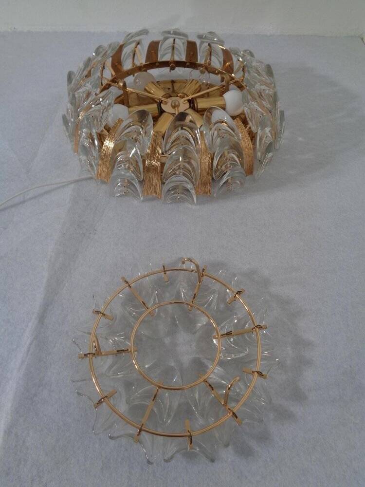 Large gilded brass and crystal glass ceiling lamp by Ernst Palme for Palwa, 1960s