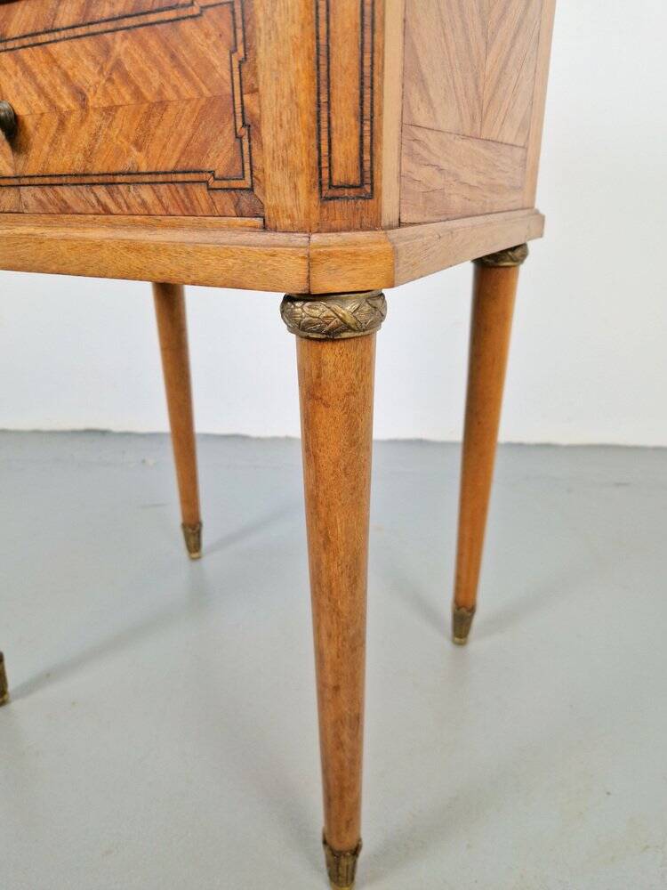 Vintage French Bedside Table with Marble Top and Brass Ornaments, 1920s