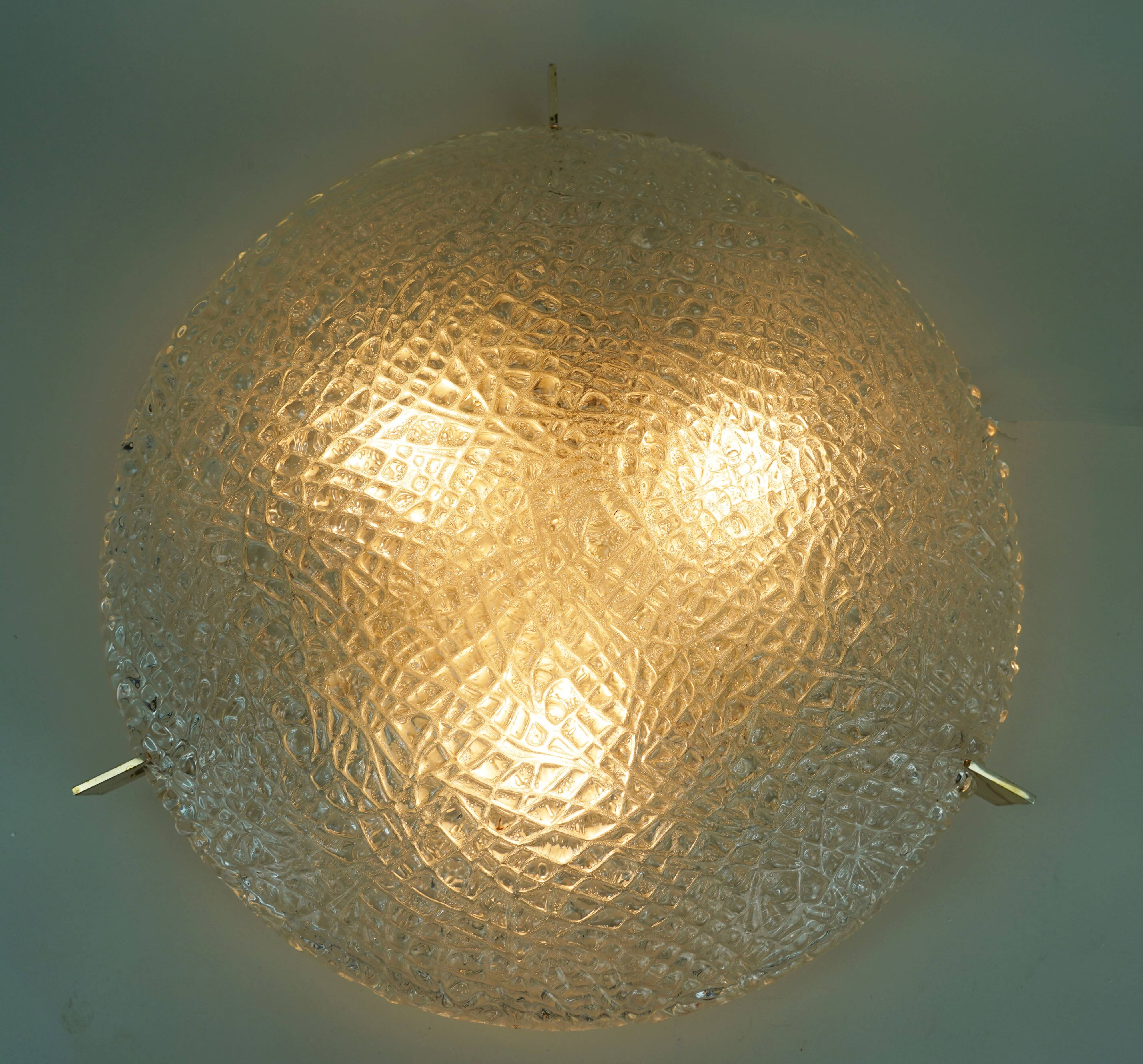 vintage kaiser ice glass ceiling LAMP flush mount 60/70's relief surface