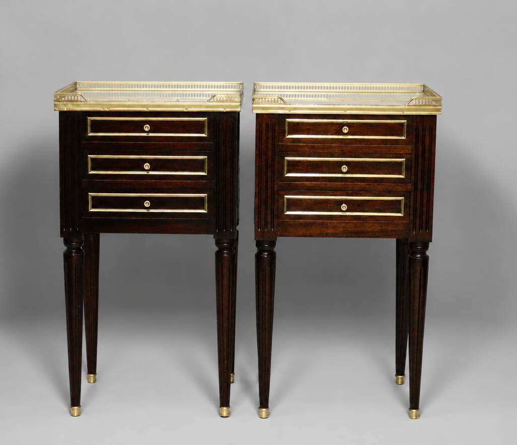 Pair of Mahogany Nightstands with White Carrara Marble in Louis XVI Style