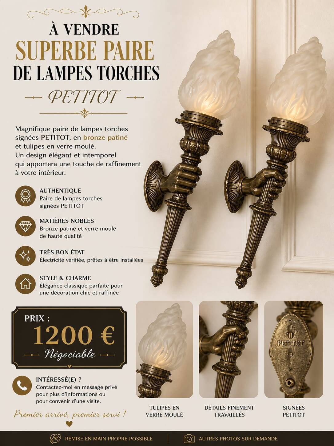 Pair of wall sconces, hands, louis xvi style - bronze petitot - 1