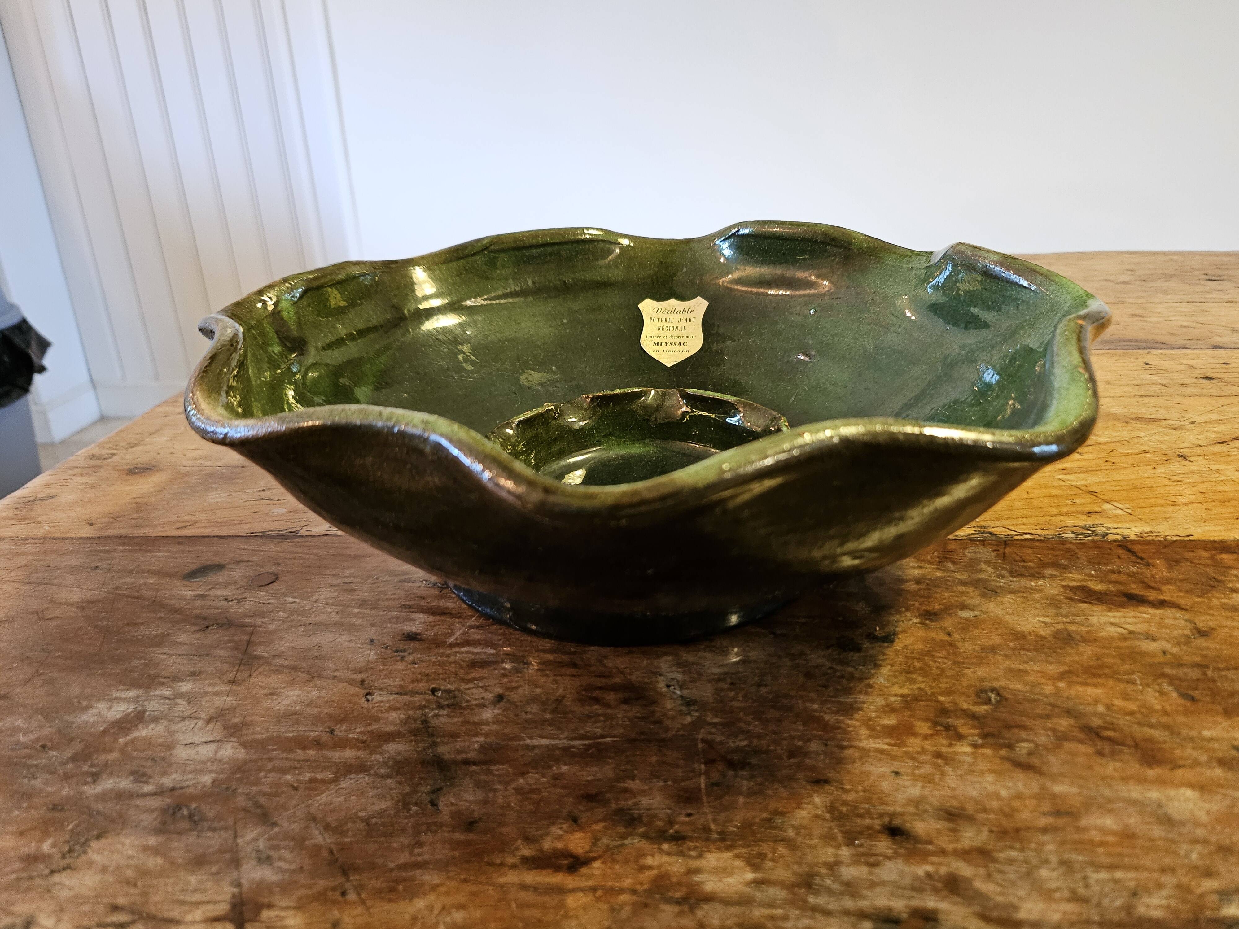 Green glazed terracotta poly-lobed bowl — Meyssac Art Pottery