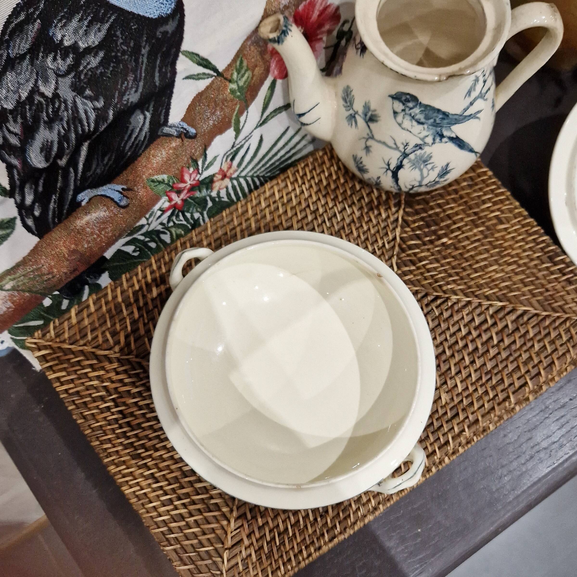 Petite soupière rare terre de fer ancienne salins rigal ameline motif cambaceres décor bleu abeilles