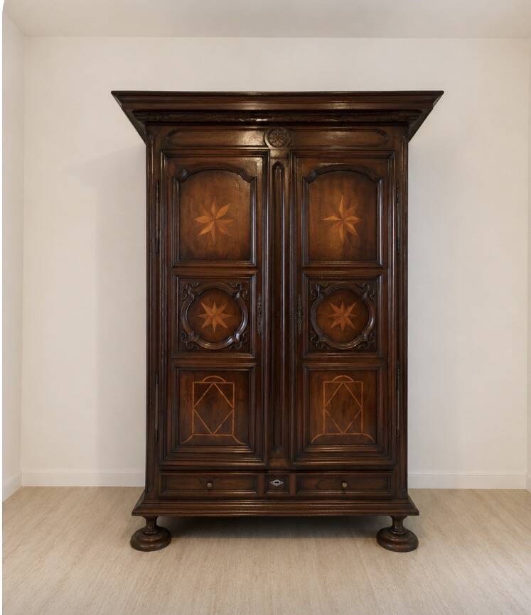 “Large regional 18th-century walnut inlaid wardrobe”