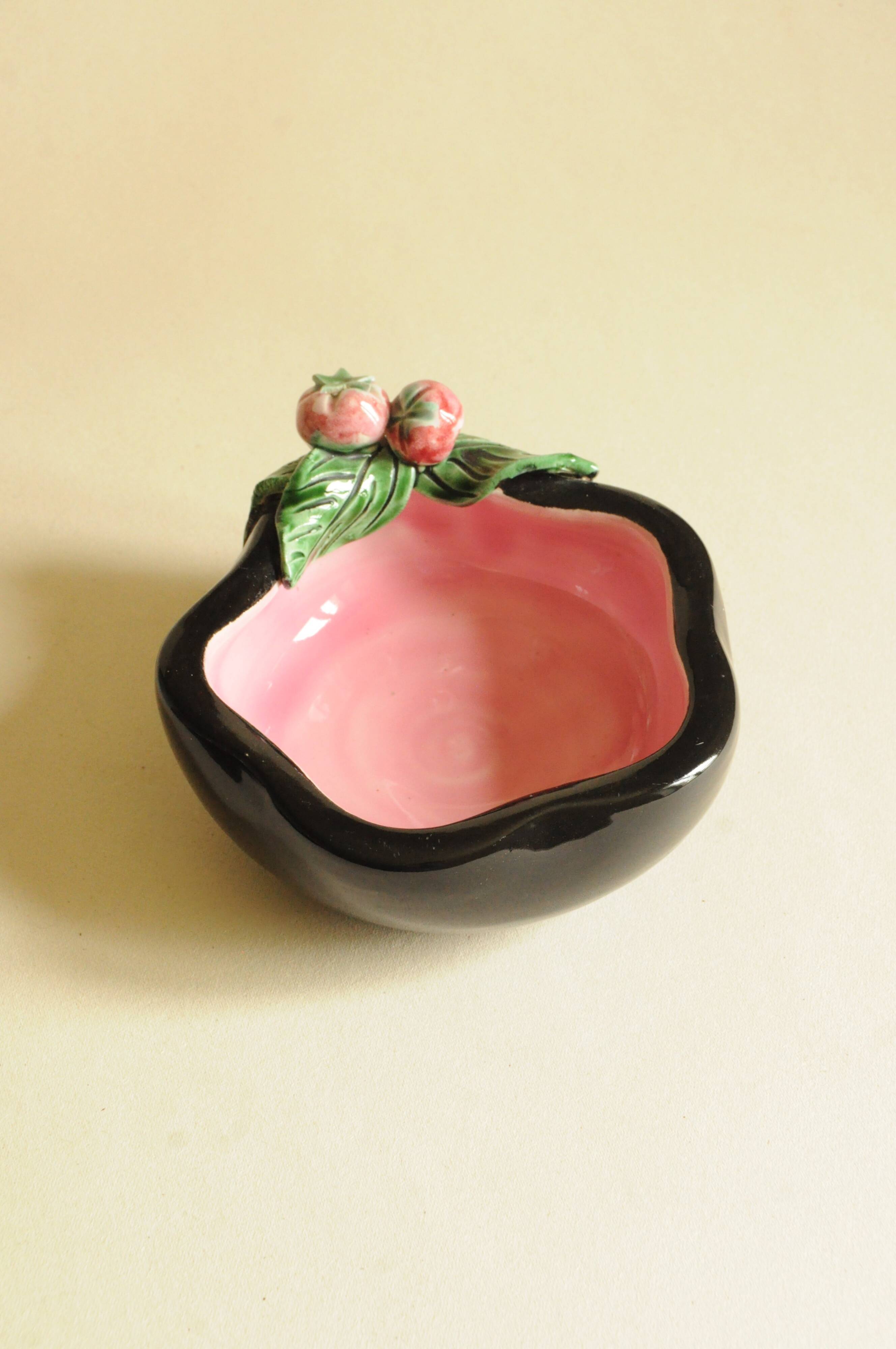 Black and Pink Ceramic Tomato Bowls — Keramos Sèvres, Mid-Century