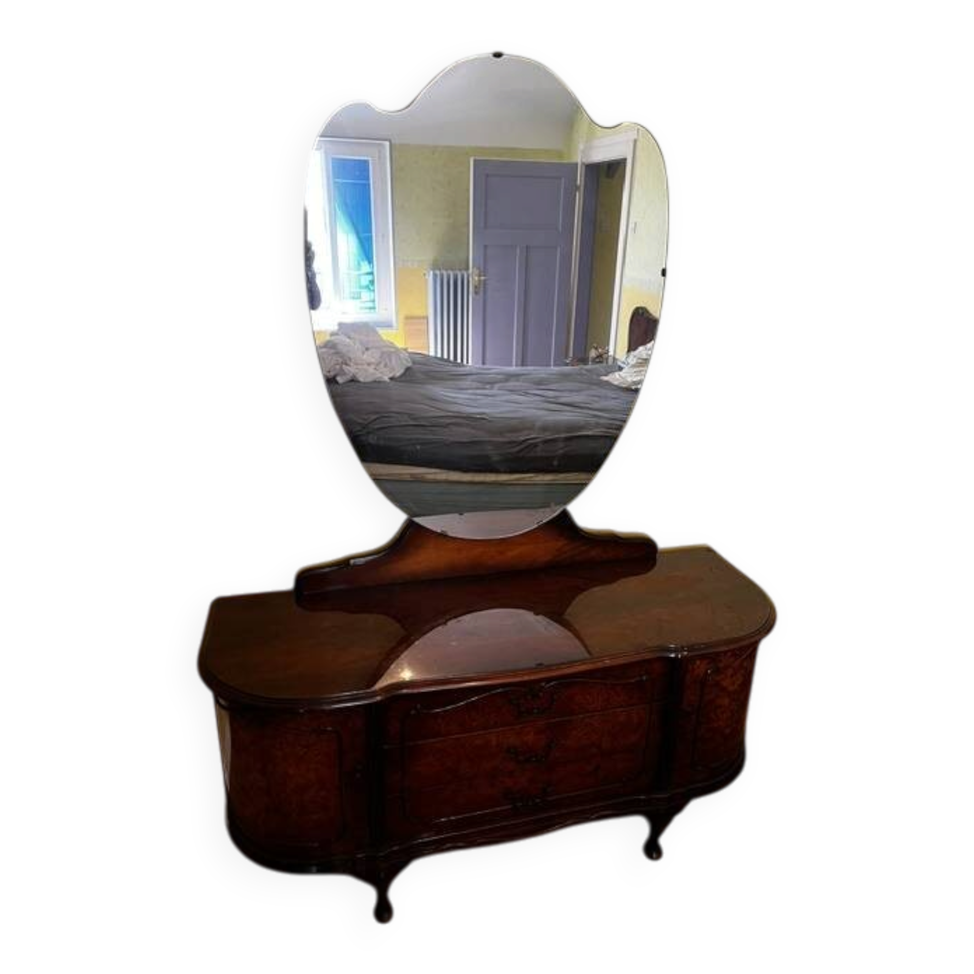 Coiffeuse art deco avec miroir biseauté de forme ovale
