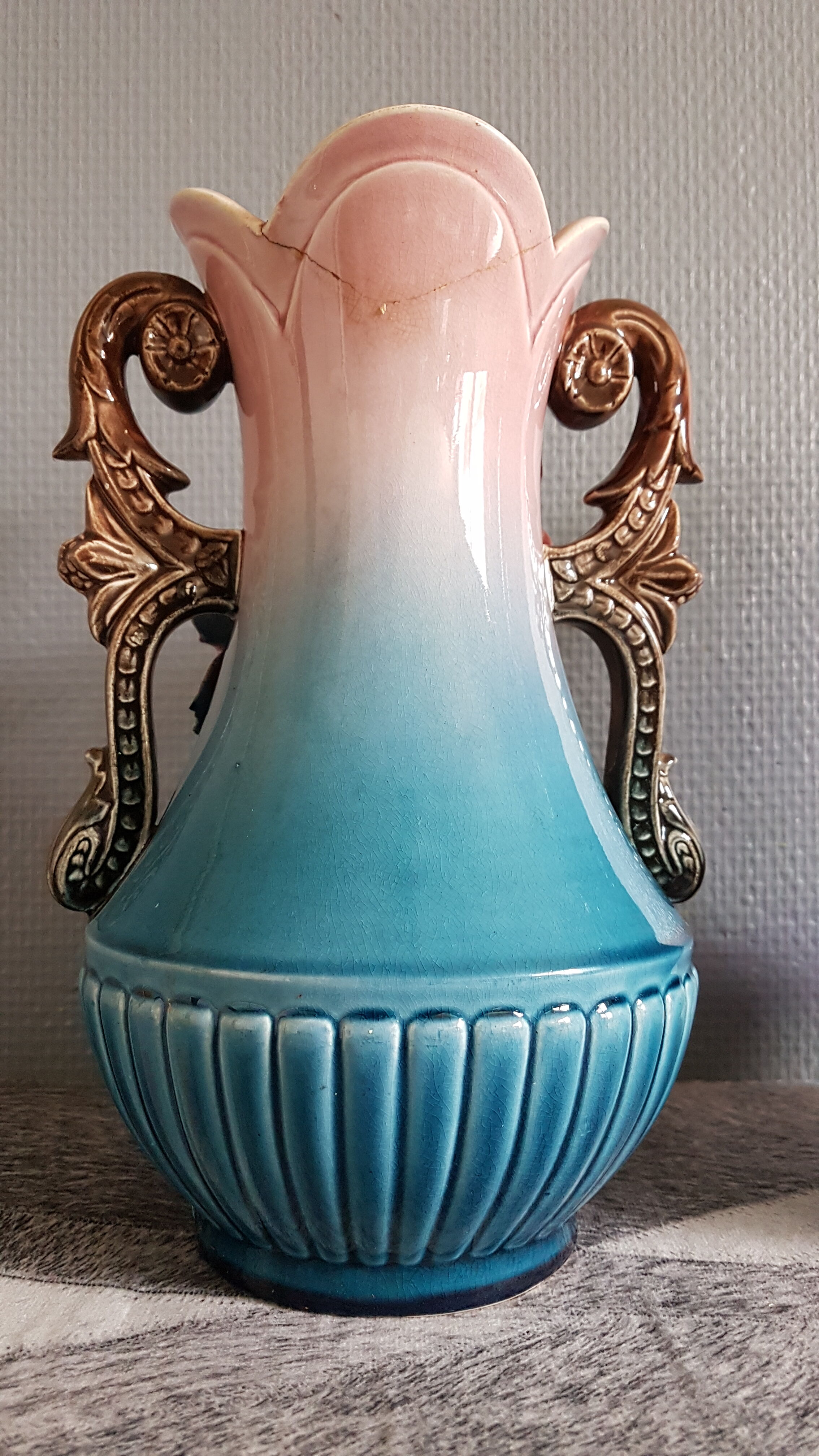 blue and pink art deco polychrome dabbling vases with floral decoration