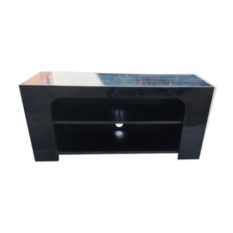 Black lacquered designer console in solid wood, open storage