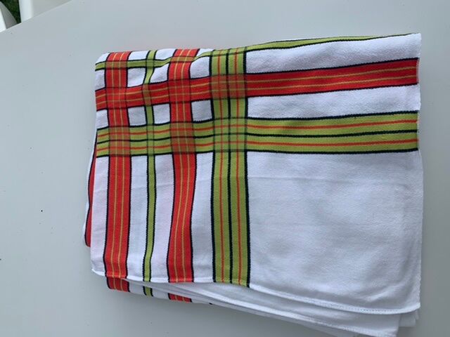 Large rectangular tablecloth with stripes on a vintage white background