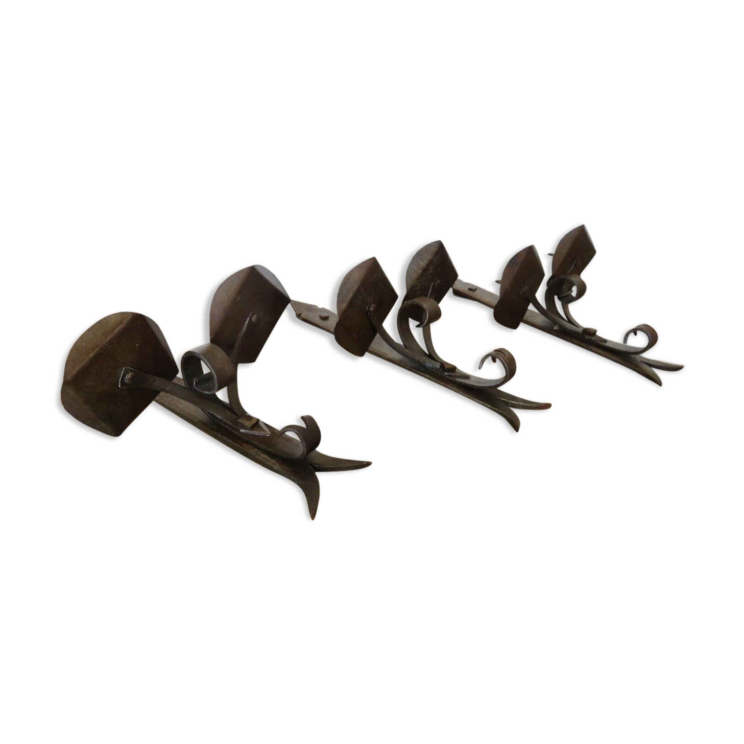 Series of 3 brutalist double wall candle holders in wrought iron beaten 40 years 50