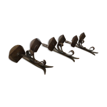 Series of 3 brutalist double wall candle holders in wrought iron beaten 40 years 50