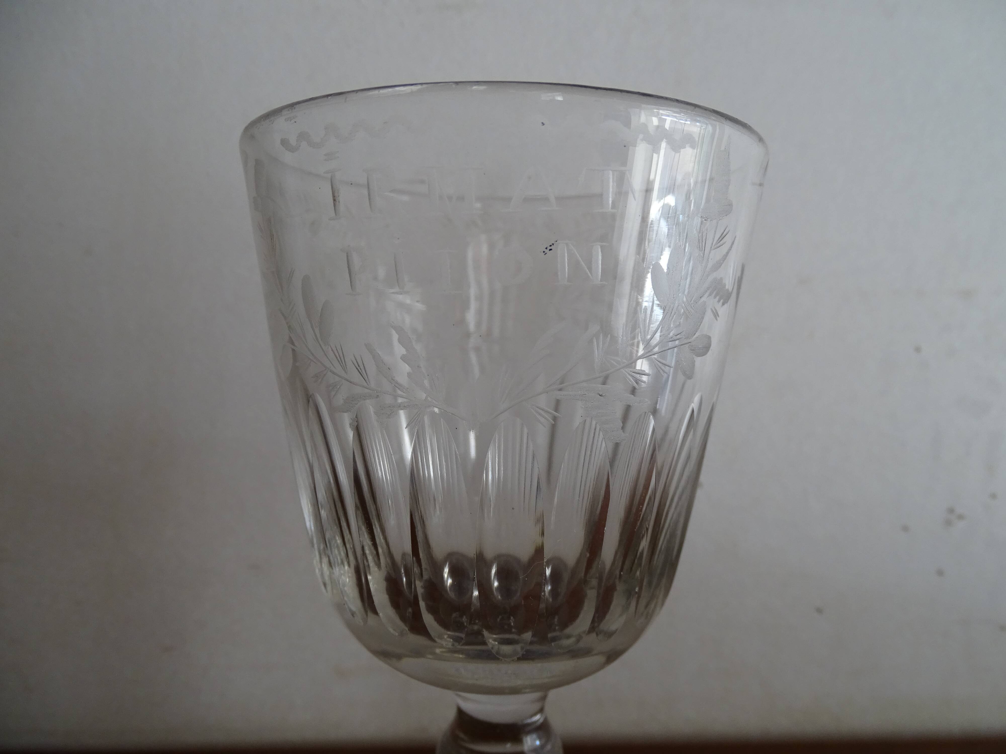 Old foot glass XIXth blown glass engraved flowers