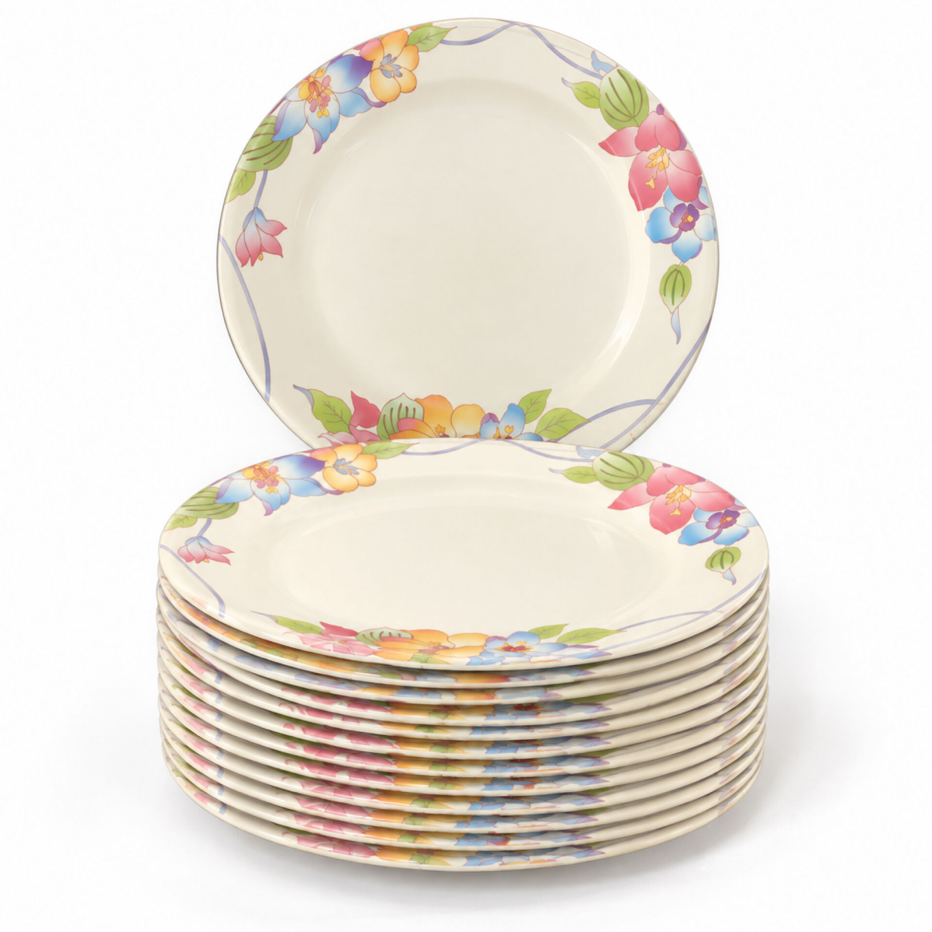 Set of 15 pastel floral patterned plates.