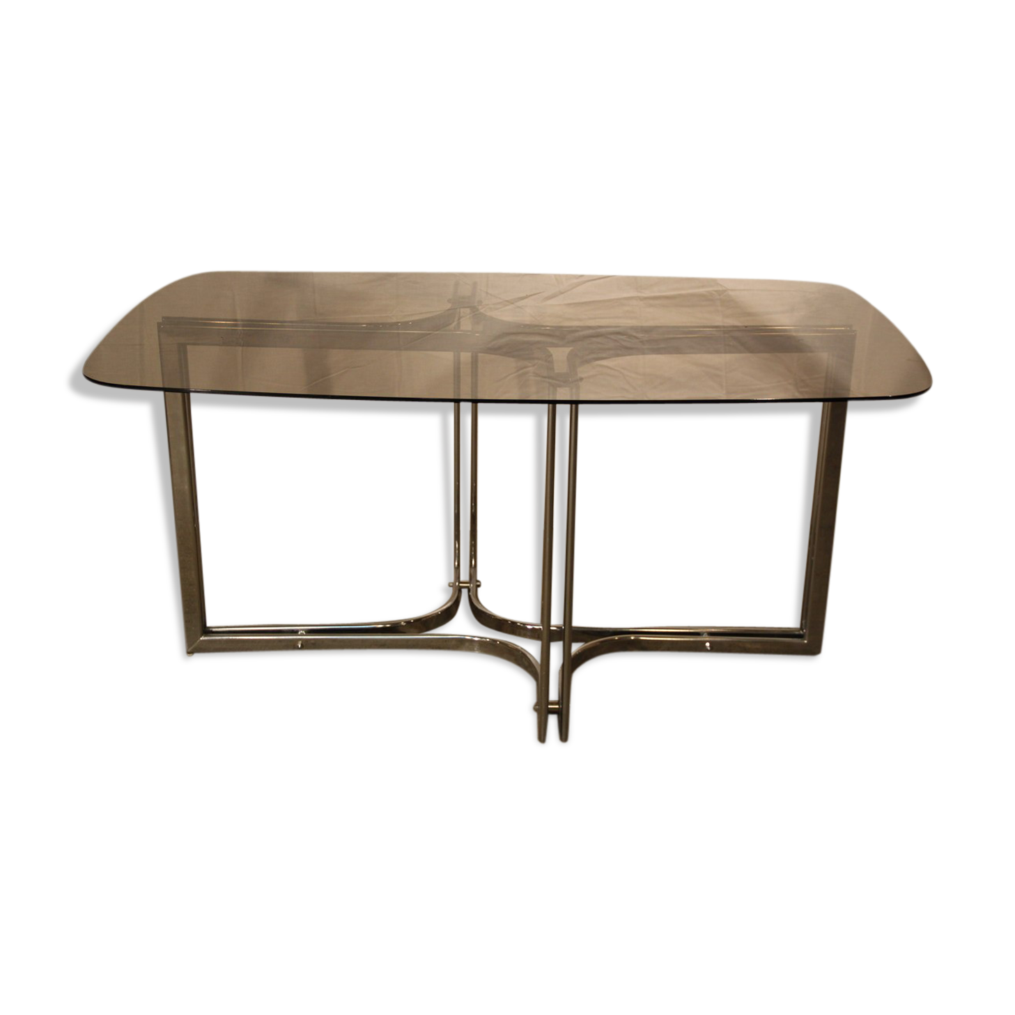 Dining table glass smoke base chromed metal 1970