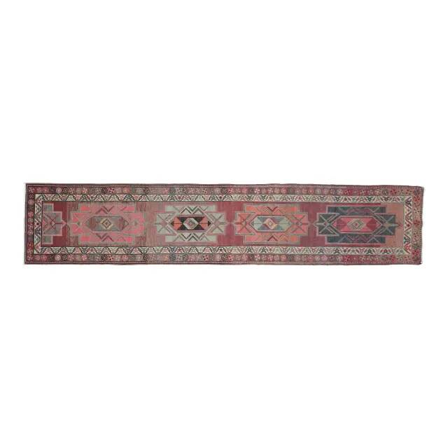 1970s Vintage Turkish Oushak Handmade Wool Cotton Pink Runner Rug 84x416