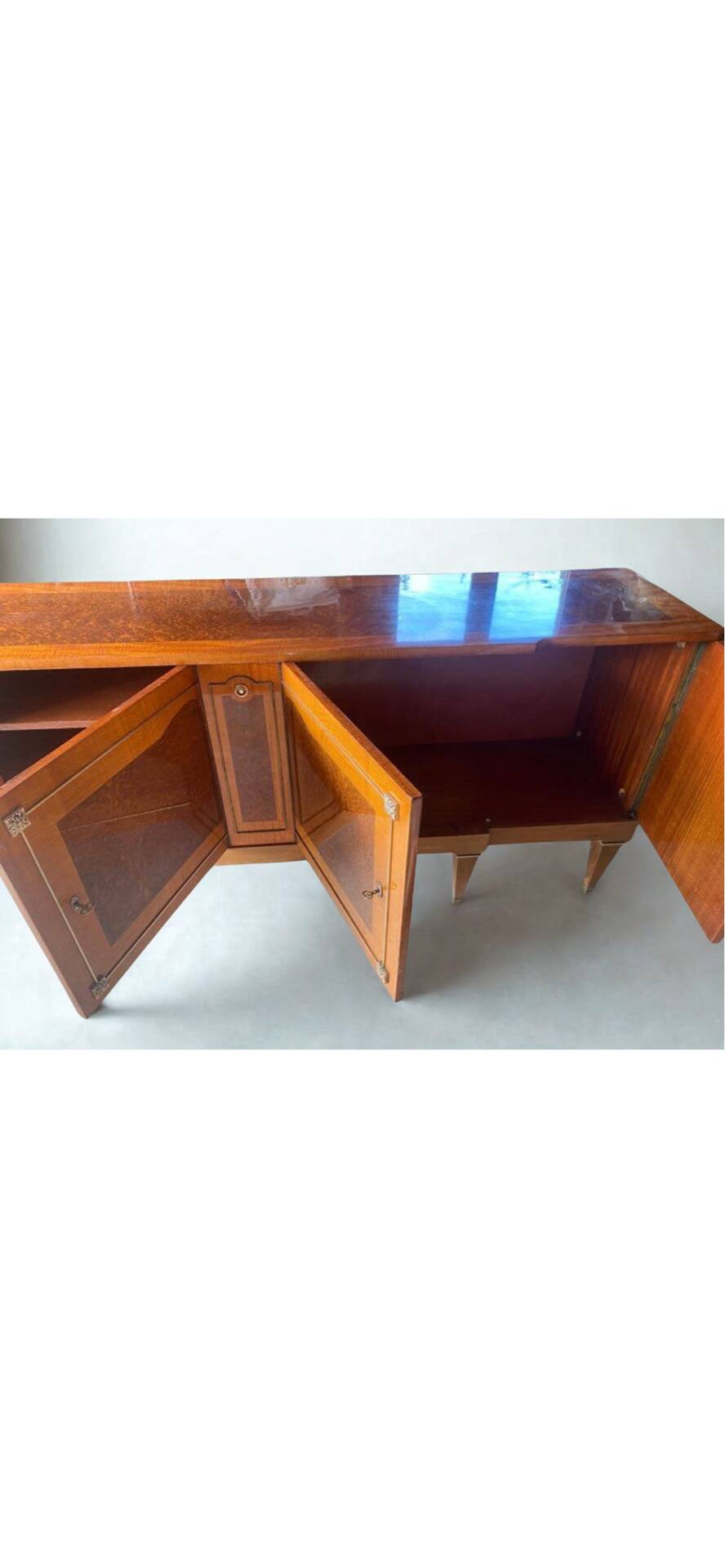 Satin wood sideboard, brass fittings — Mid-Century