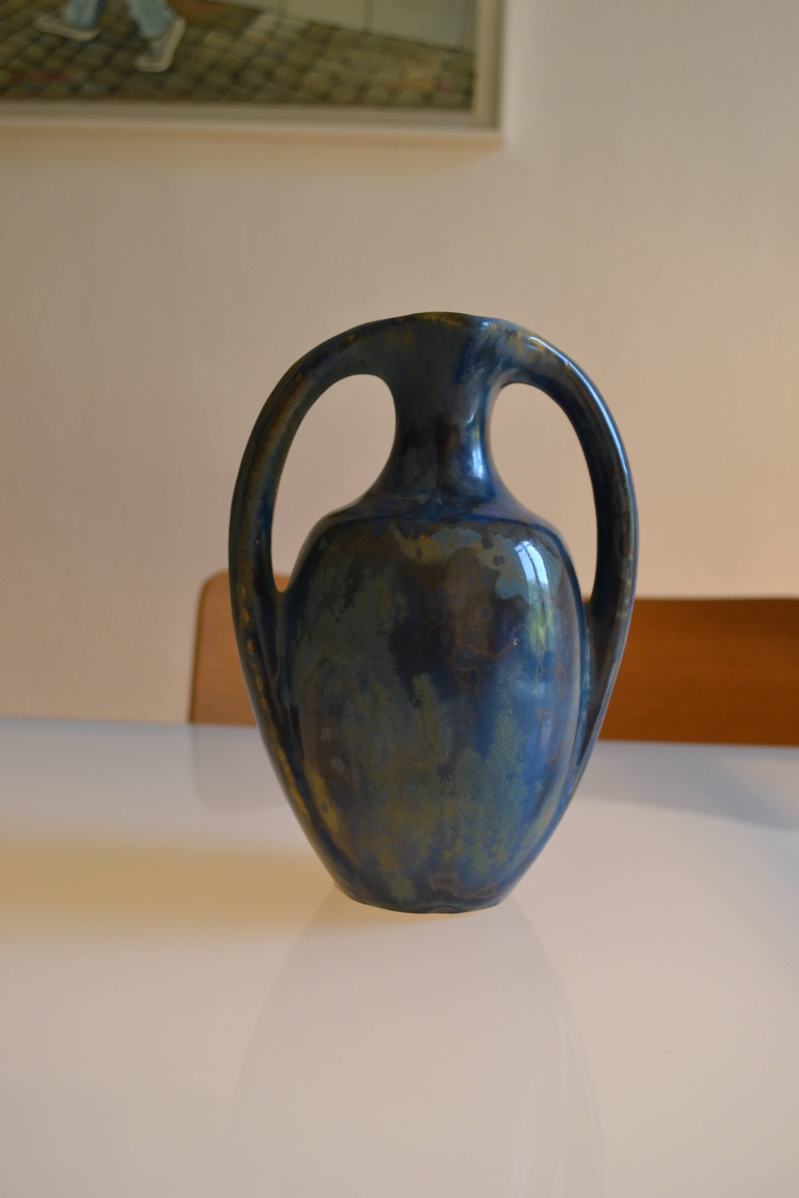 Iridescent Pierrefonds stoneware amphora vase, Art Deco, 1930, signed