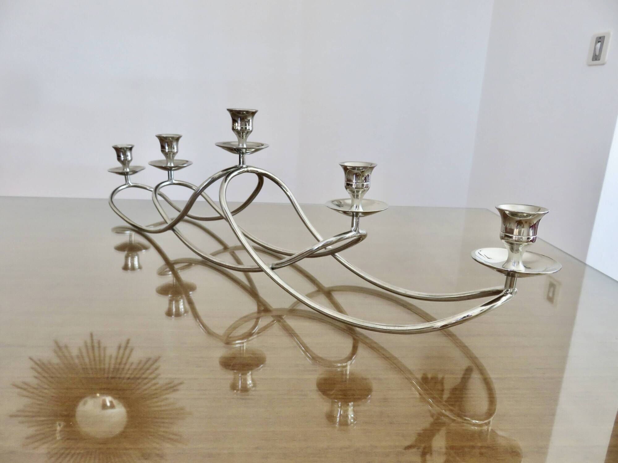 XXL silver metal candle holder 5 lights 70s