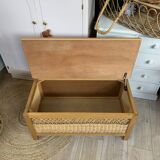Banc coffre bois et rotin vintage
