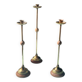 Trio of vintage Scandinavian candlesticks (candle holders) in brass, wood and gilded iron