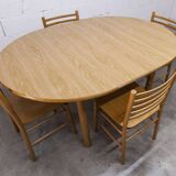Danish ensemble transformable table 114 cm / 154 + 4 modernist chairs from the 1970s
