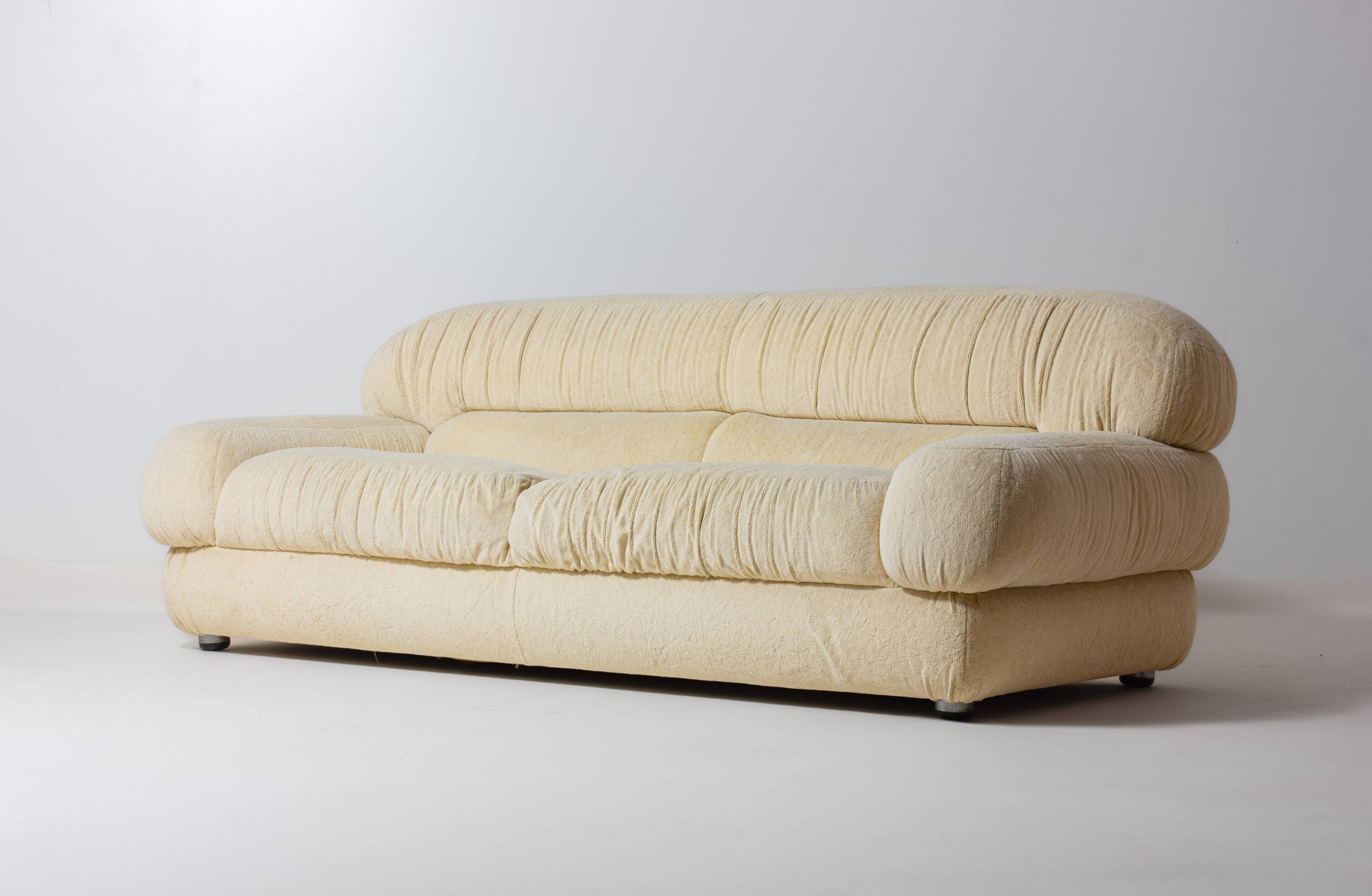 Luxurious plush 3-seater sofa in vanilla fabric, Italy 1970s