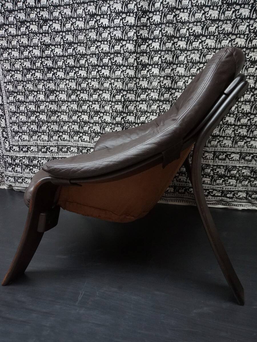 Brutalist brown Leather low Lounge Chair, Norway 1970s