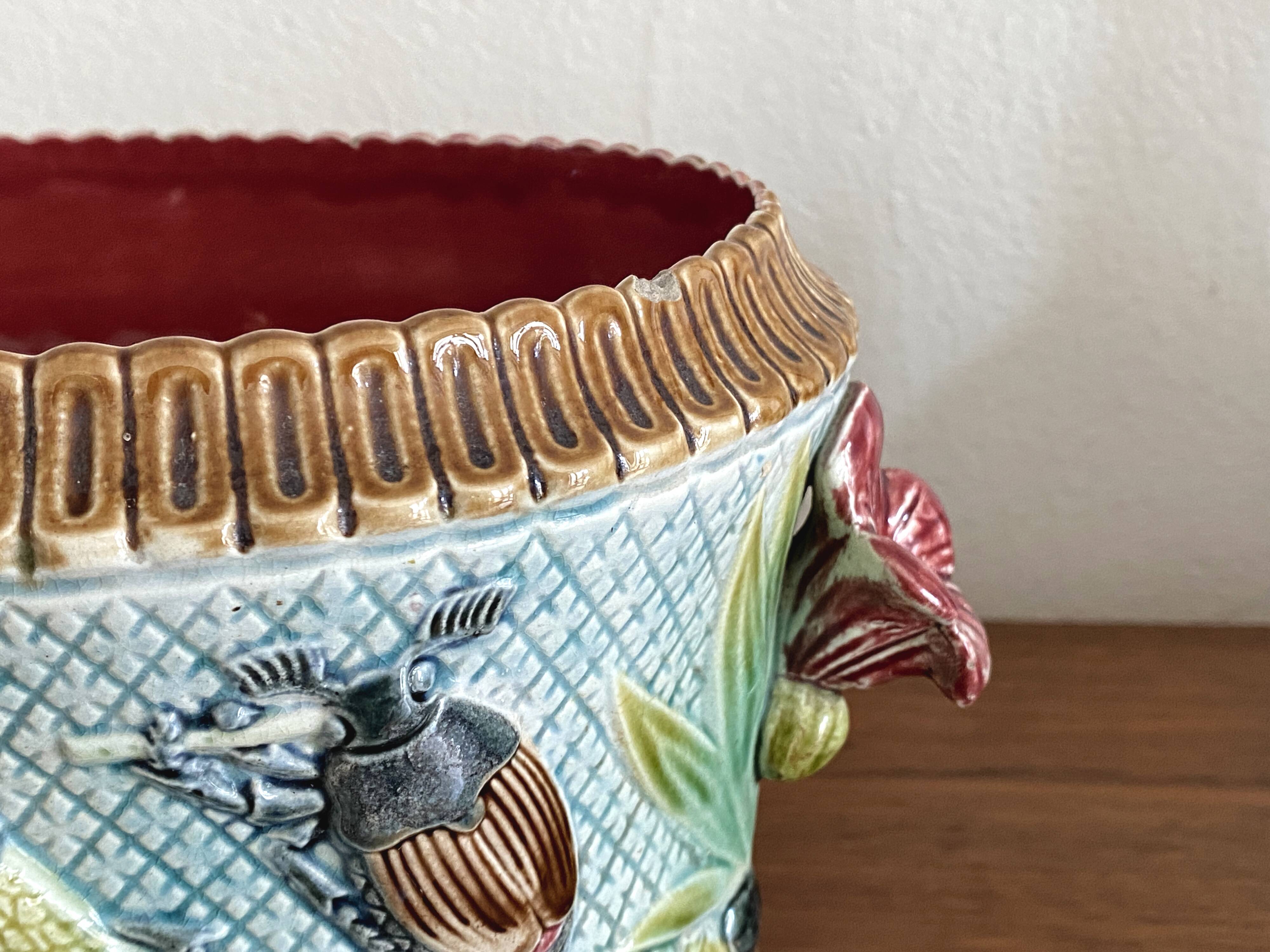 Important planter cache pot barbotine decor insects musicians late 19th century