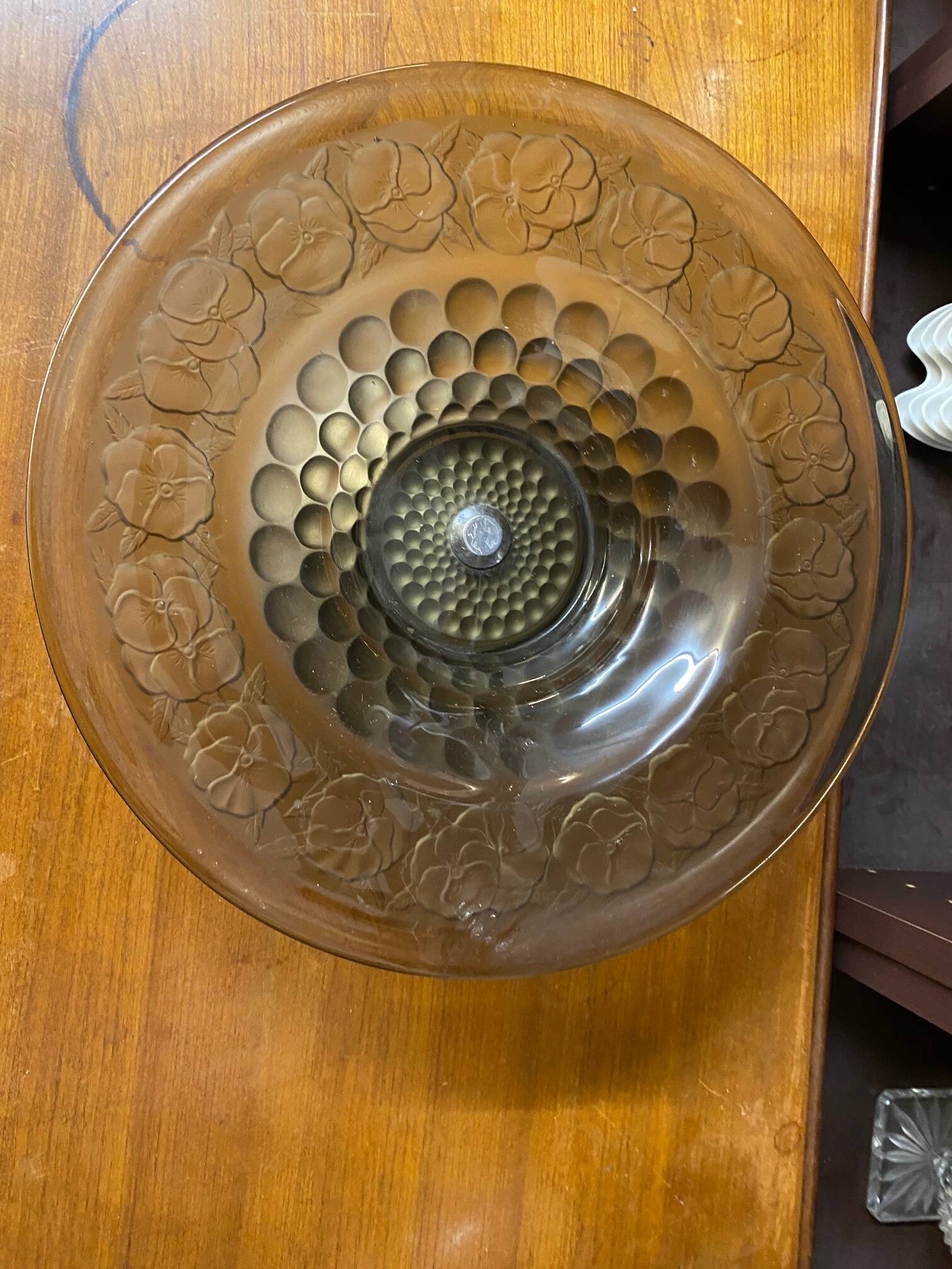 ART DECO FRUIT BOWL SMOKED GLASS PETUNIAS DECOR CHROME FOOT ROUND SHAPE