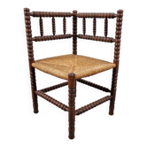 Arts and Craft Style Bobbin Corner Chair in Oak with Rush Seat, 1950s