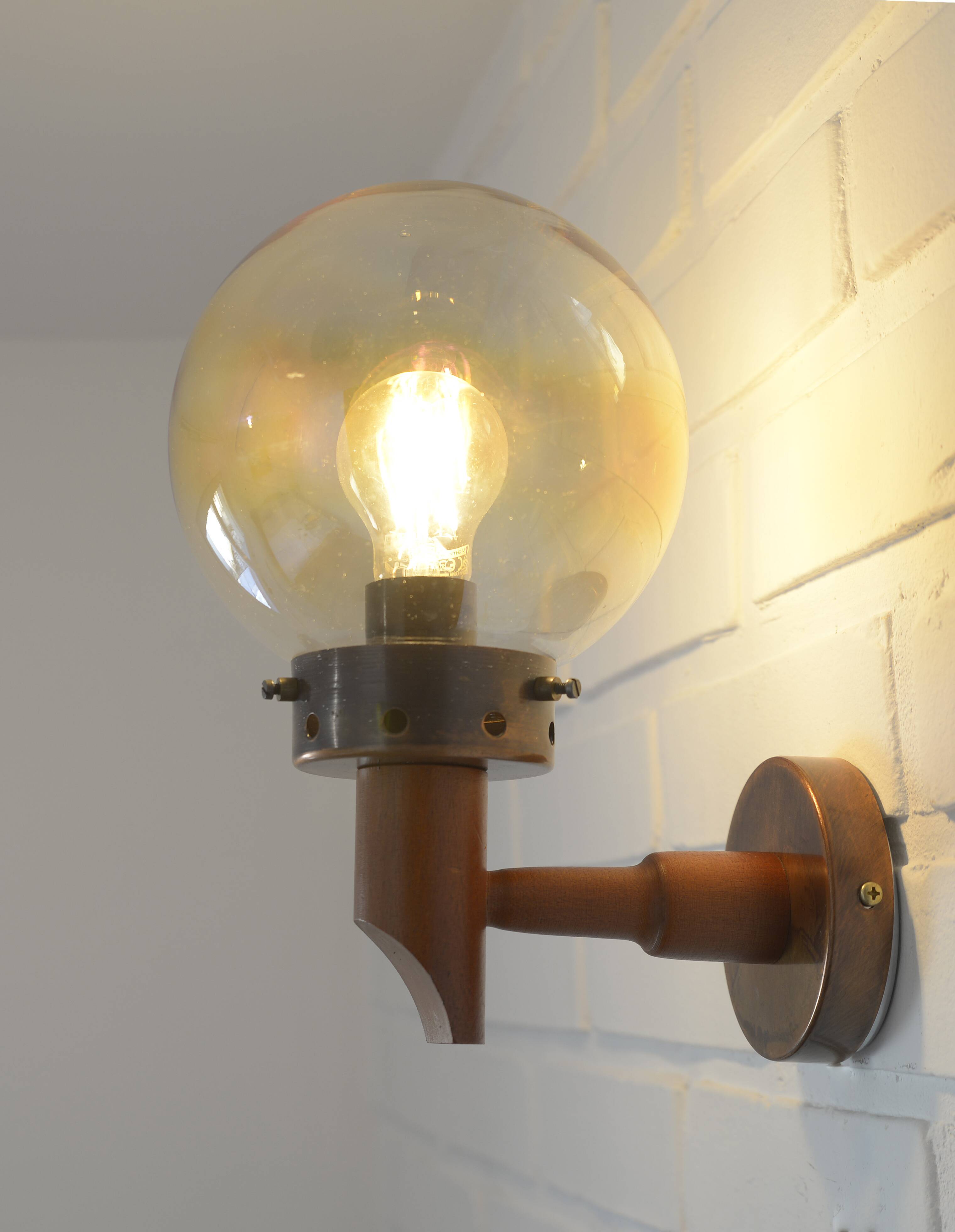 1 of 6 vintage wall lamps, rustic sconces, wood and copper amber glass 1980