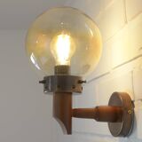 1 of 6 vintage wall lamps, rustic sconces, wood and copper amber glass 1980