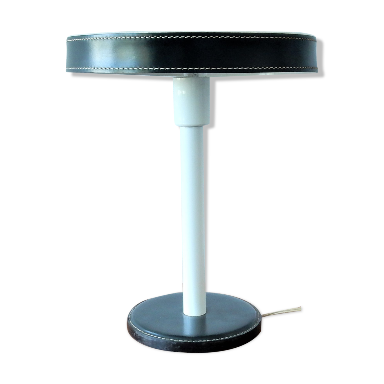 Vintage green leather and white metal table lamp