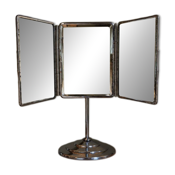Miroir vintage 1940 triptyque barbier pied biseauté - 40 x 35 cm