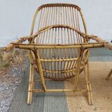 4 armchairs and a coffee table made of rattan and bamboo wood, vintage.