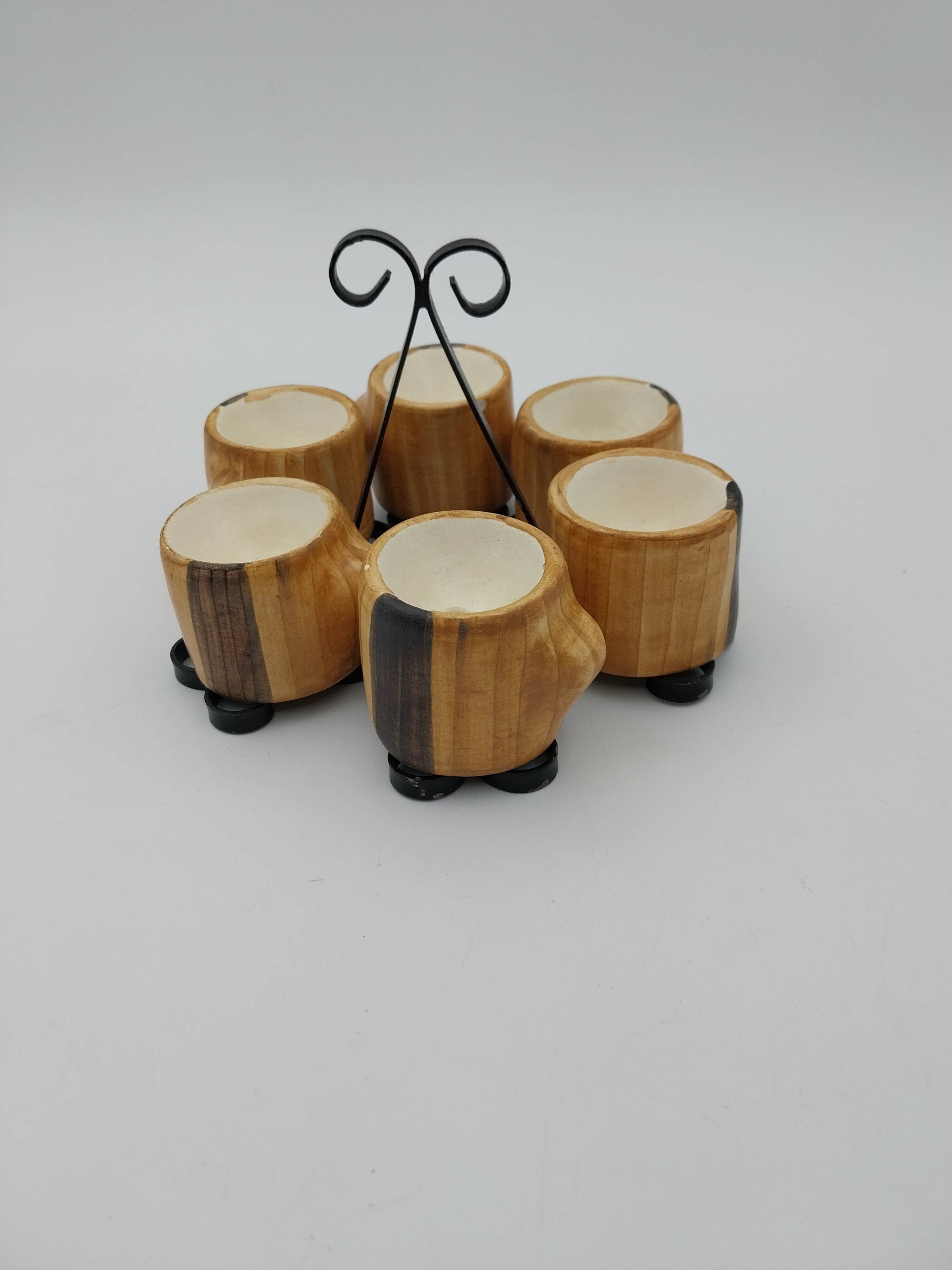 6 Grandjean Jourdan faux wood ceramic egg cups with support