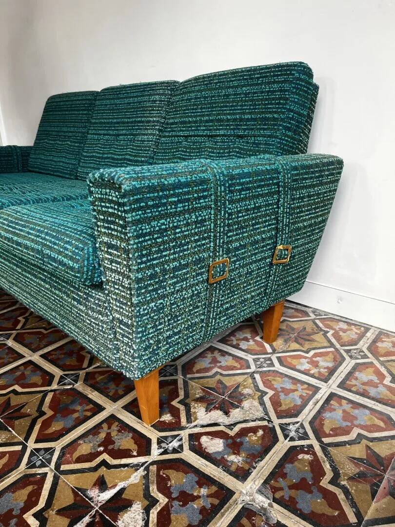 Mid-century sofa, three-seater in turquoise shade