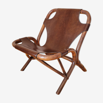 Saddle leather bamboo vintage chair from spain