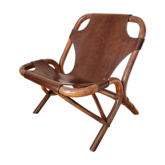 Saddle leather bamboo vintage chair from spain