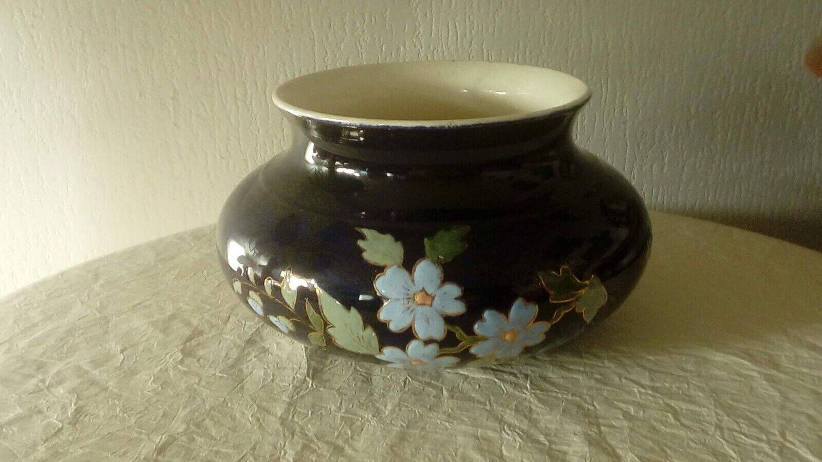 Centerpiece vase in blue earthenware from the oven with Sarreguemines enameled decor