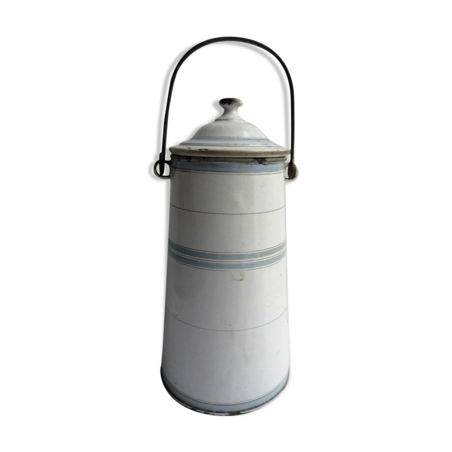 Art Deco milk pot, white and blue enamelled milk plate signed Etoile PEN