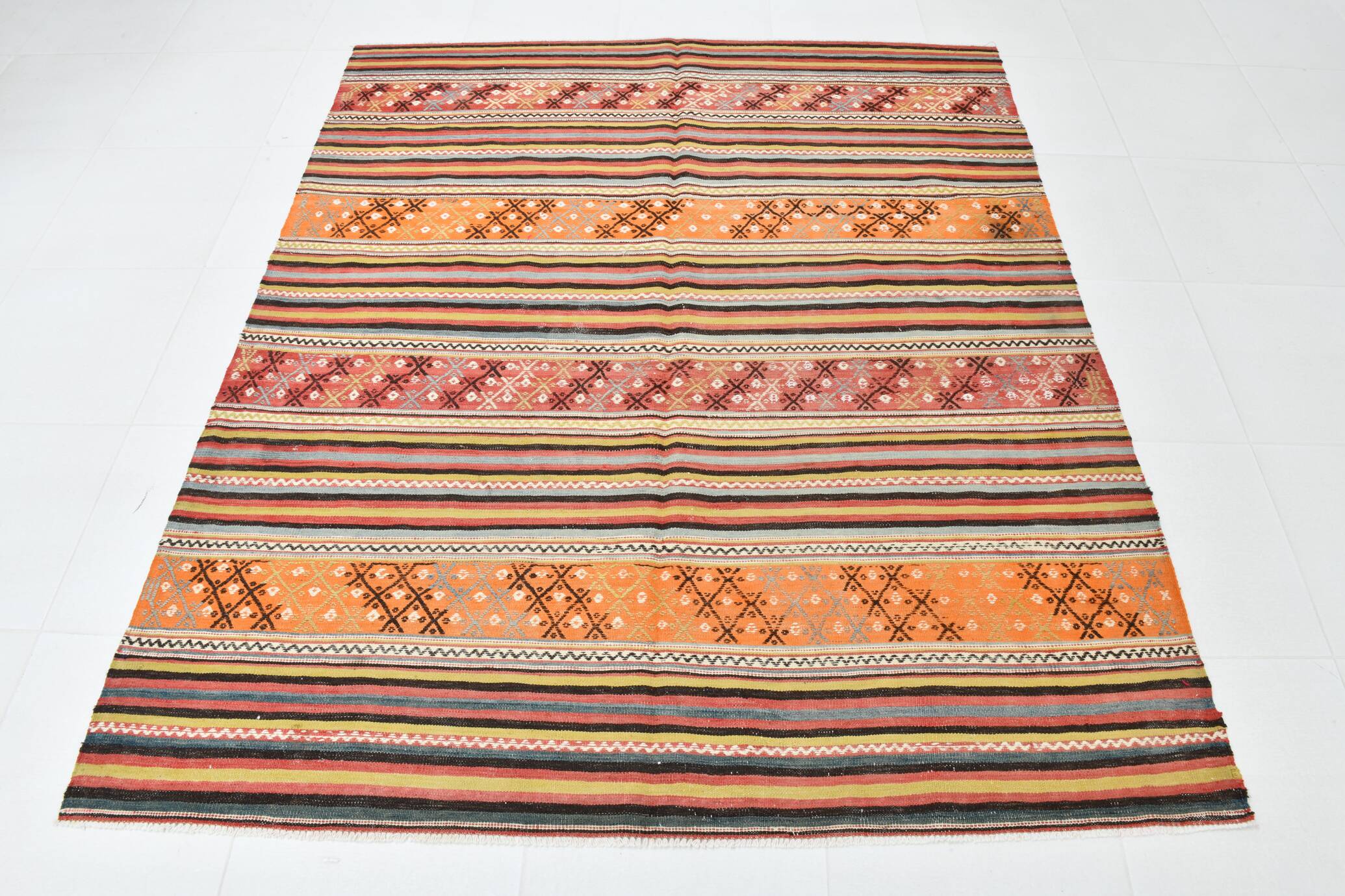 5x6 Vintage Red & Orange Striped Kilim Rug, 163x193Cm