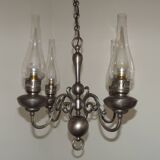 French Vintage Pewter 4 Light Flemish Chandelier Hand Blown Lantern Shades 5104